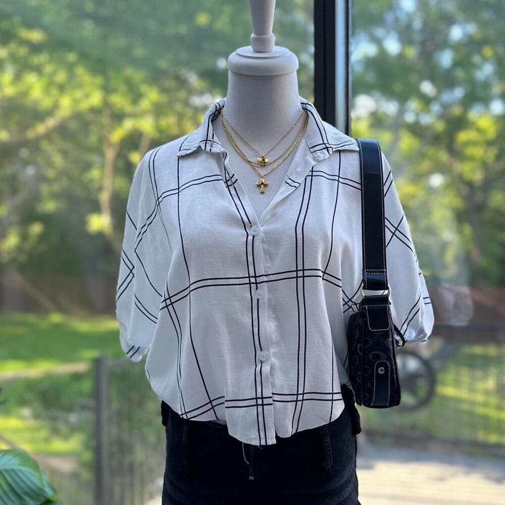 Shein White Plaid Striped Button Up Blouse Top
